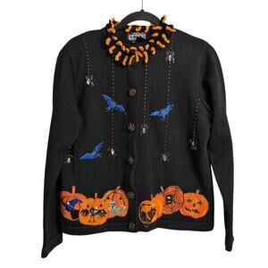 Berek Halloween Cardigan Pumpkins Bats Spiders Spiderweb Buttons Sequins Beads M